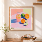 Finished bright oil painting citrus drink cross stitch artwork displayed as home decor