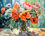 Bright orange and pink poppies in sunlight cross stitch kit for beginners