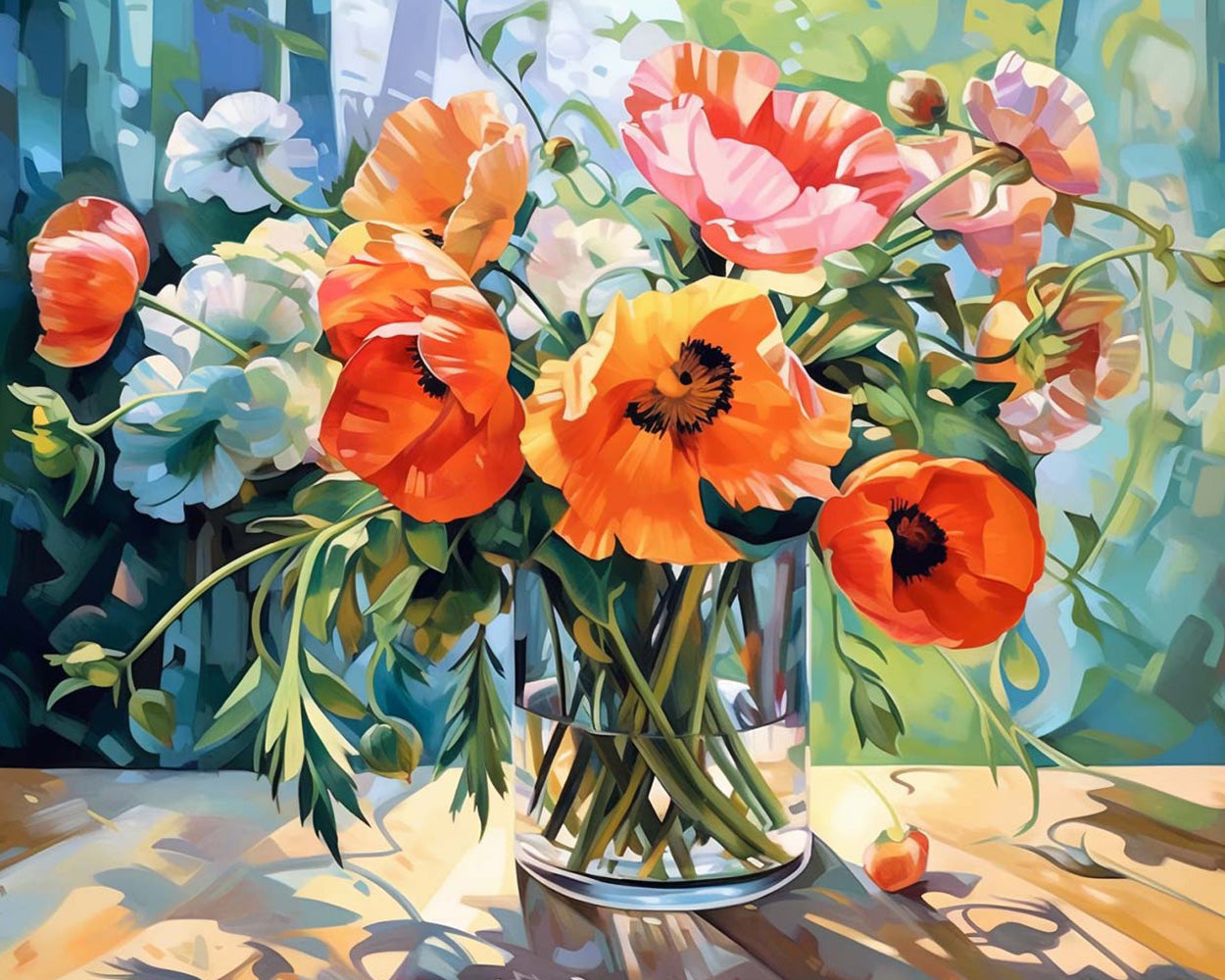 Bright orange and pink poppies in sunlight cross stitch kit for beginners