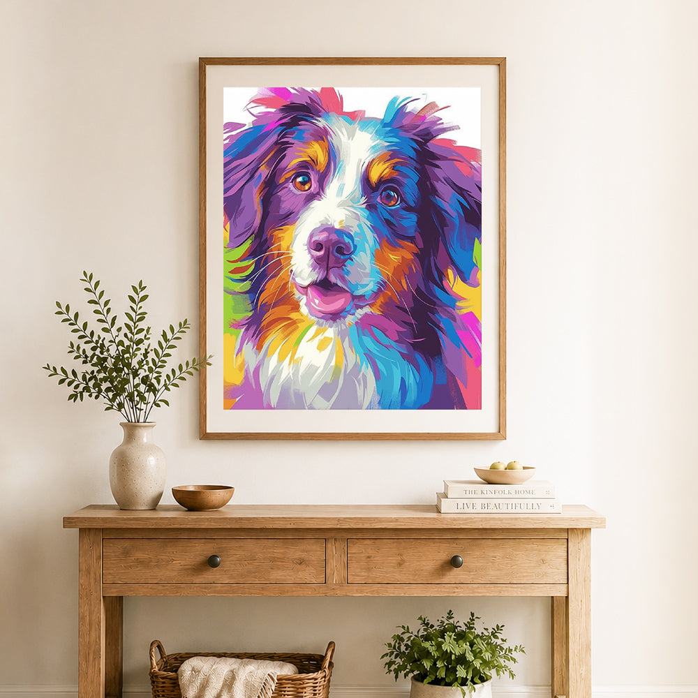 Finished bright painted aussie dog art cross stitch artwork displayed as home decor