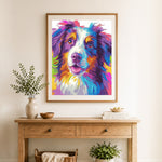 Finished bright painted aussie dog art cross stitch artwork displayed as home decor