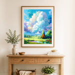 Finished bright pastoral lake and fluffy clouds cross stitch artwork displayed as home decor