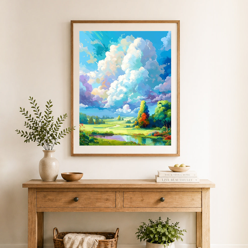 Finished bright pastoral lake and fluffy clouds cross stitch artwork displayed as home decor