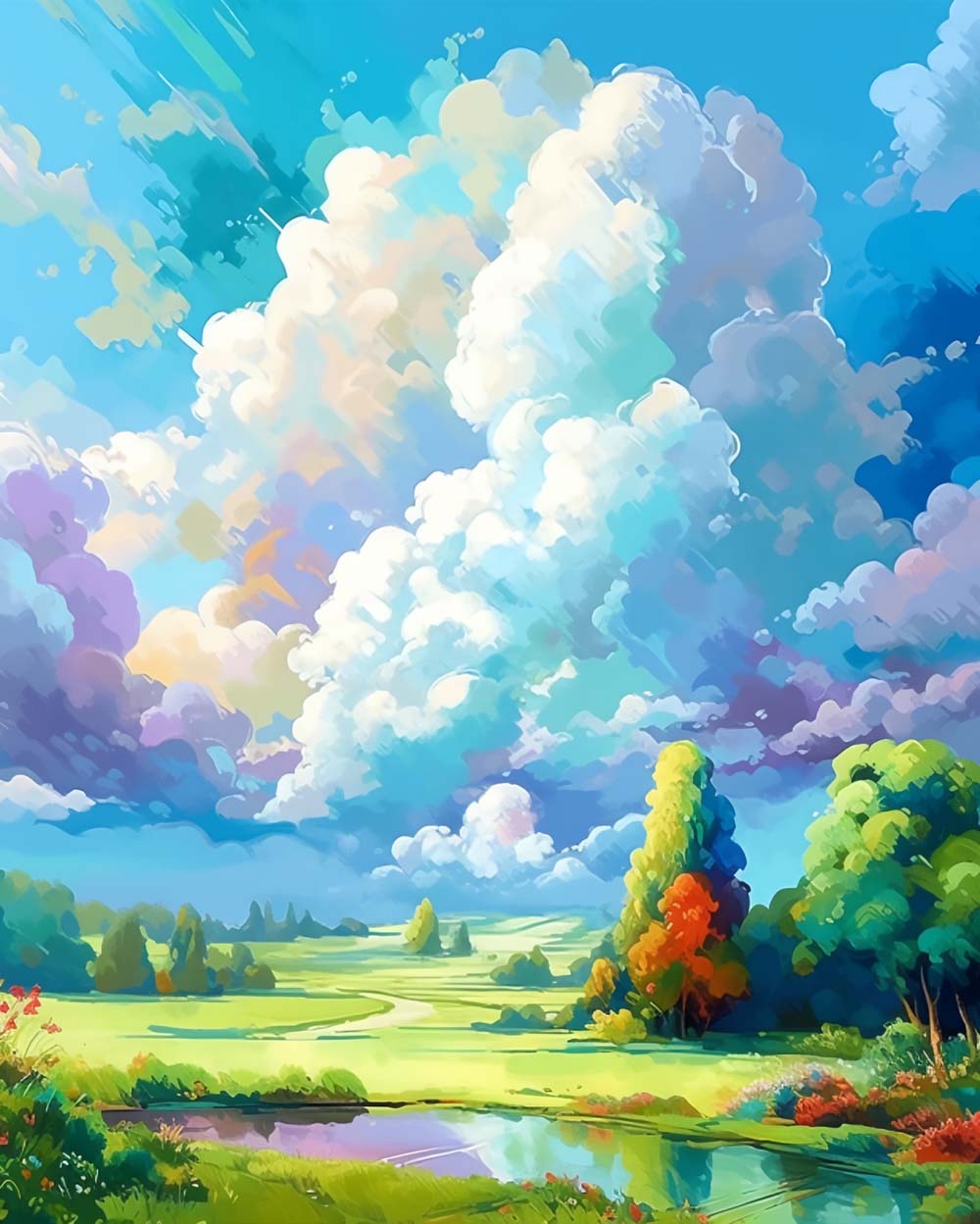 Bright pastoral lake and fluffy clouds cross stitch kit for beginners