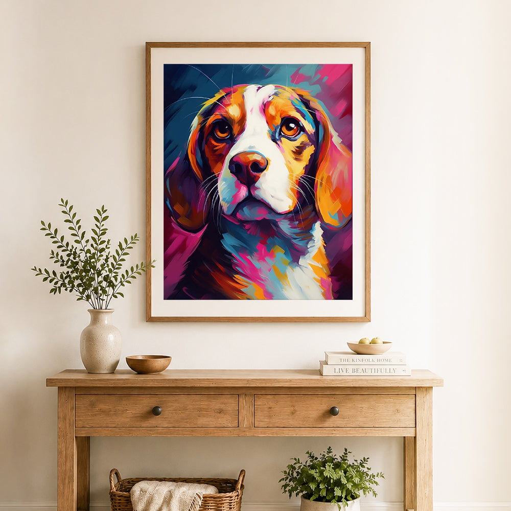 Finished bright pop‑art beagle portrait cross stitch artwork displayed as home decor