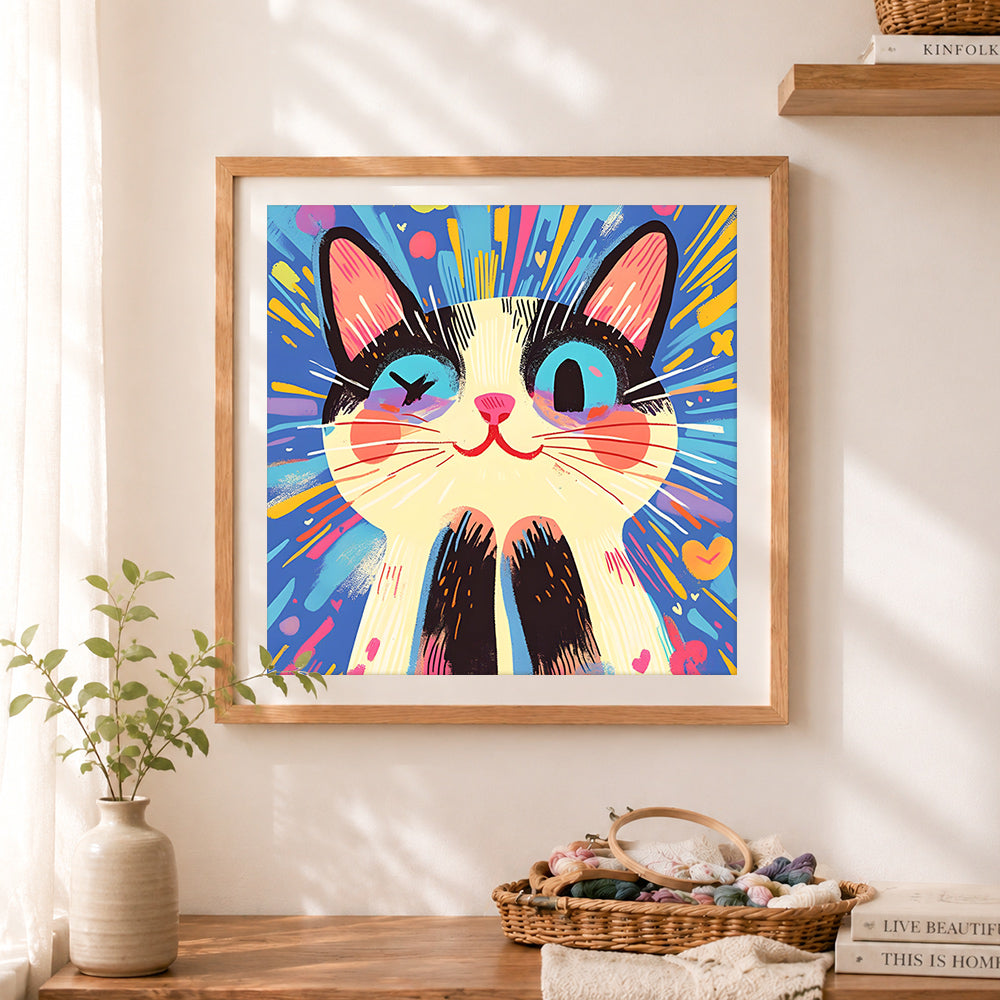 Finished bright pop art cat cross stitch artwork displayed as home decor