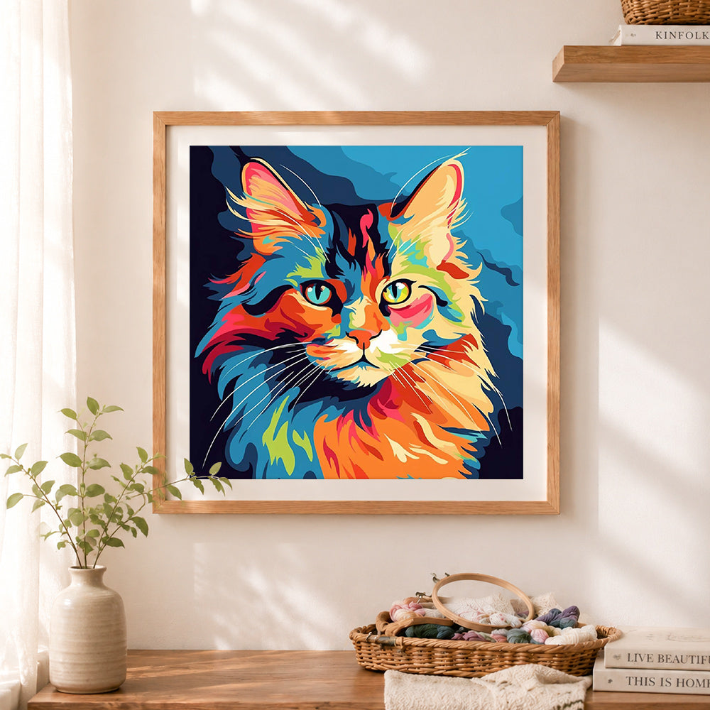 Finished bright pop‑art cat portrait cross stitch artwork displayed as home decor