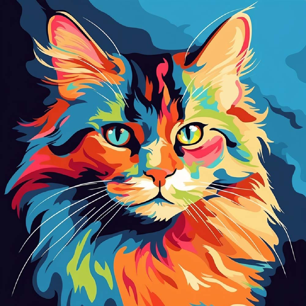 Bright pop‑art cat portrait cross stitch kit for beginners