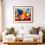 Finished bright pop‑art fruit still life cross stitch artwork displayed as home decor