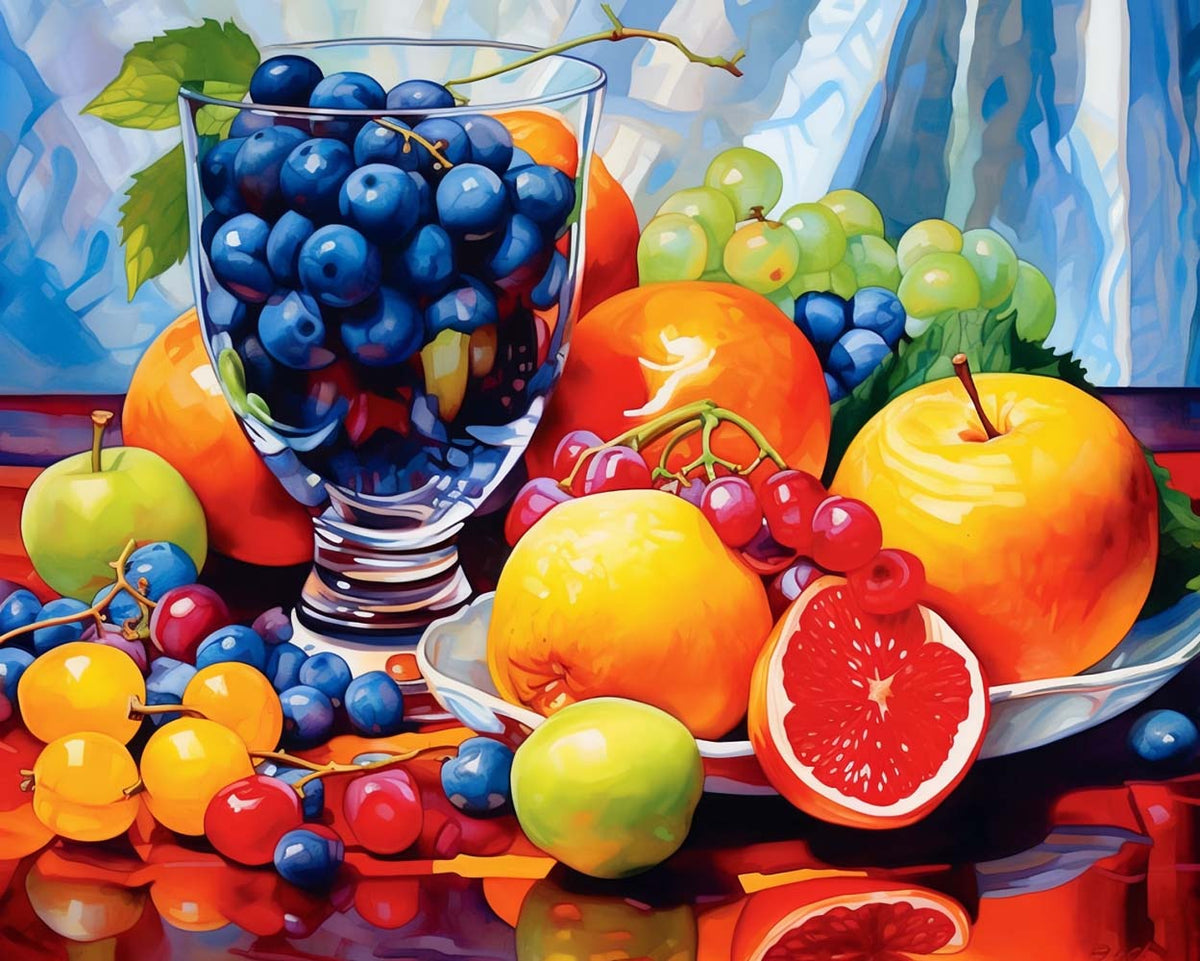Bright pop‑art fruit still life cross stitch kit for beginners