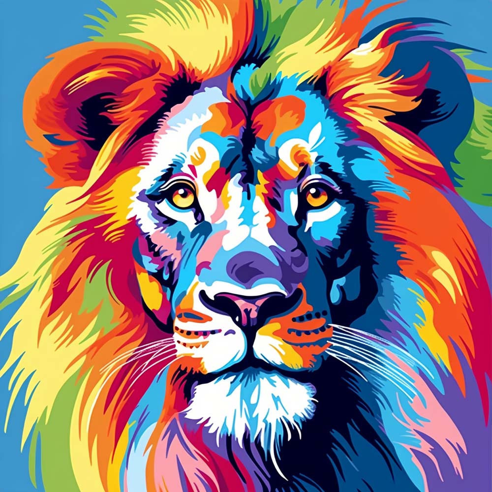 Bright pop‑art lion head cross stitch kit for beginners