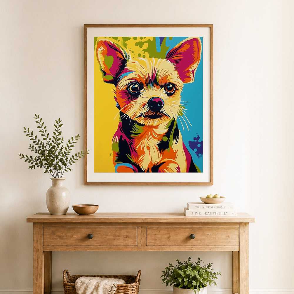 Finished bright pop chihuahua cross stitch artwork displayed as home decor