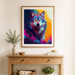 Finished bright pop‑art wolf portrait cross stitch artwork displayed as home decor