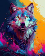 Bright pop‑art wolf portrait cross stitch kit for beginners