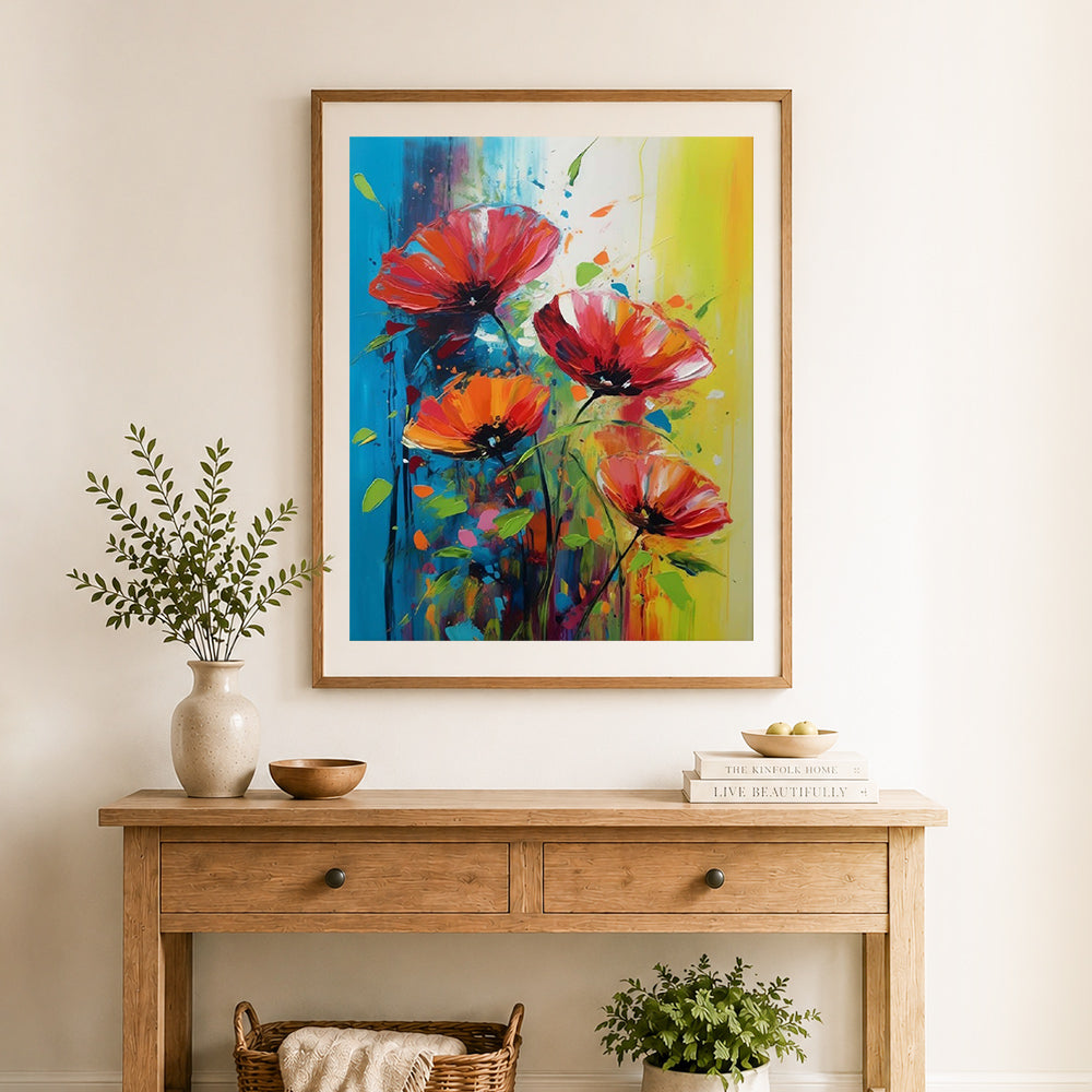 Finished bright poppy palette cross stitch artwork displayed as home decor