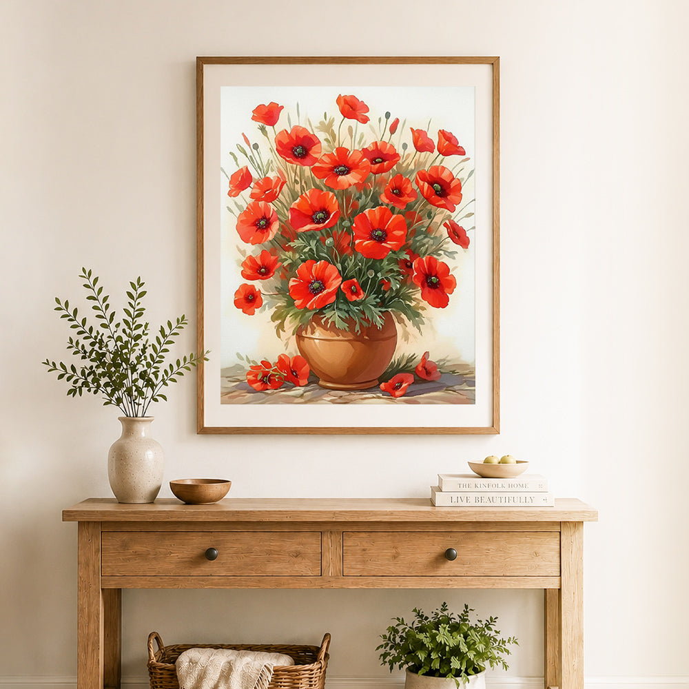 Finished bright red poppies cross stitch artwork displayed as home decor