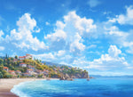 Bright summer coastal town cross stitch kit for beginners