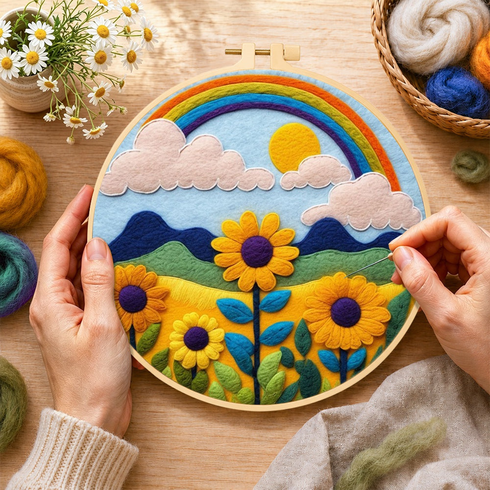 Creating the bright sunflower and rainbow wool painting by hand with a felting needle