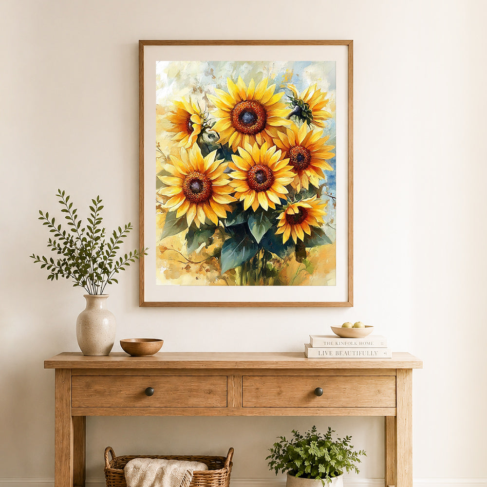 Finished bright sunflower bouquet cross stitch artwork displayed as home decor
