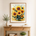 Finished bright sunflower bouquet cross stitch artwork displayed as home decor