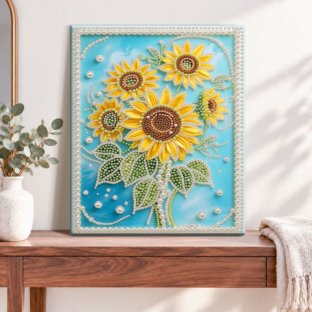 Finished bright sunflowers pearl diamond painting artwork displayed as home decor