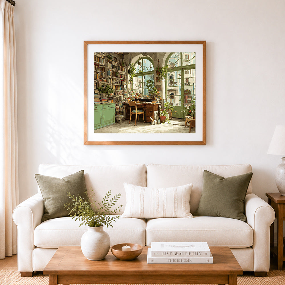 Finished bright sunlit art studio cross stitch artwork displayed as home decor