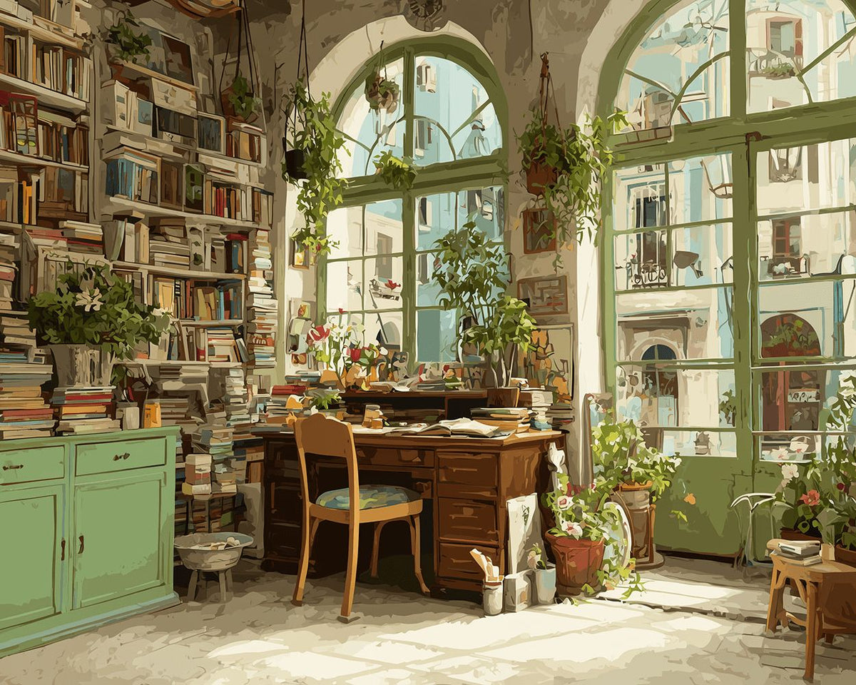 Bright sunlit art studio cross stitch kit for beginners