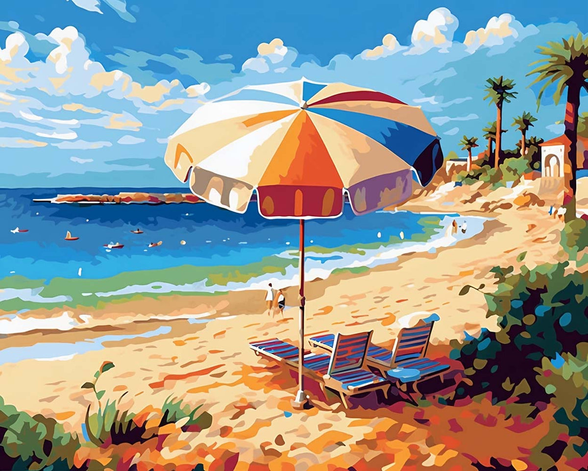 Bright sunny coastal beach view cross stitch kit for beginners