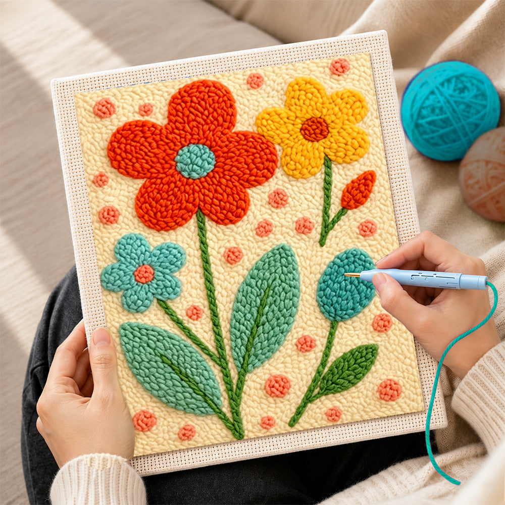 Creating handmade bright tricolor flowers punch needle artwork