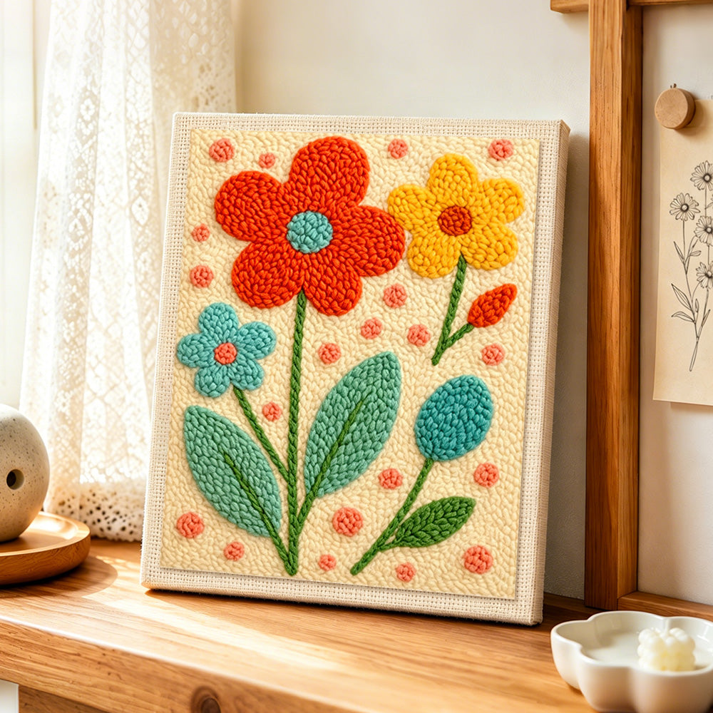 Bright tricolor flowers punch needle artwork displayed on a table
