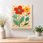 Finished bright tricolor flowers artwork displayed on a wall