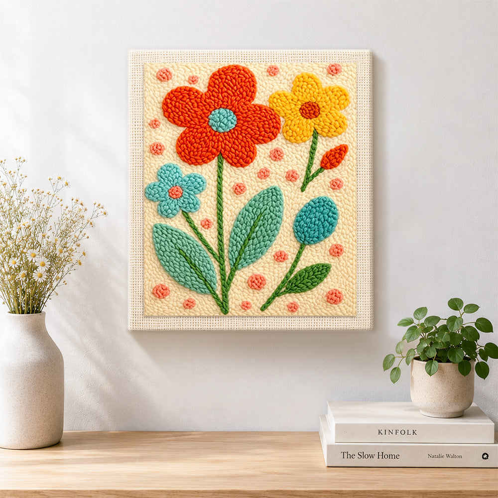 Finished bright tricolor flowers artwork displayed on a wall
