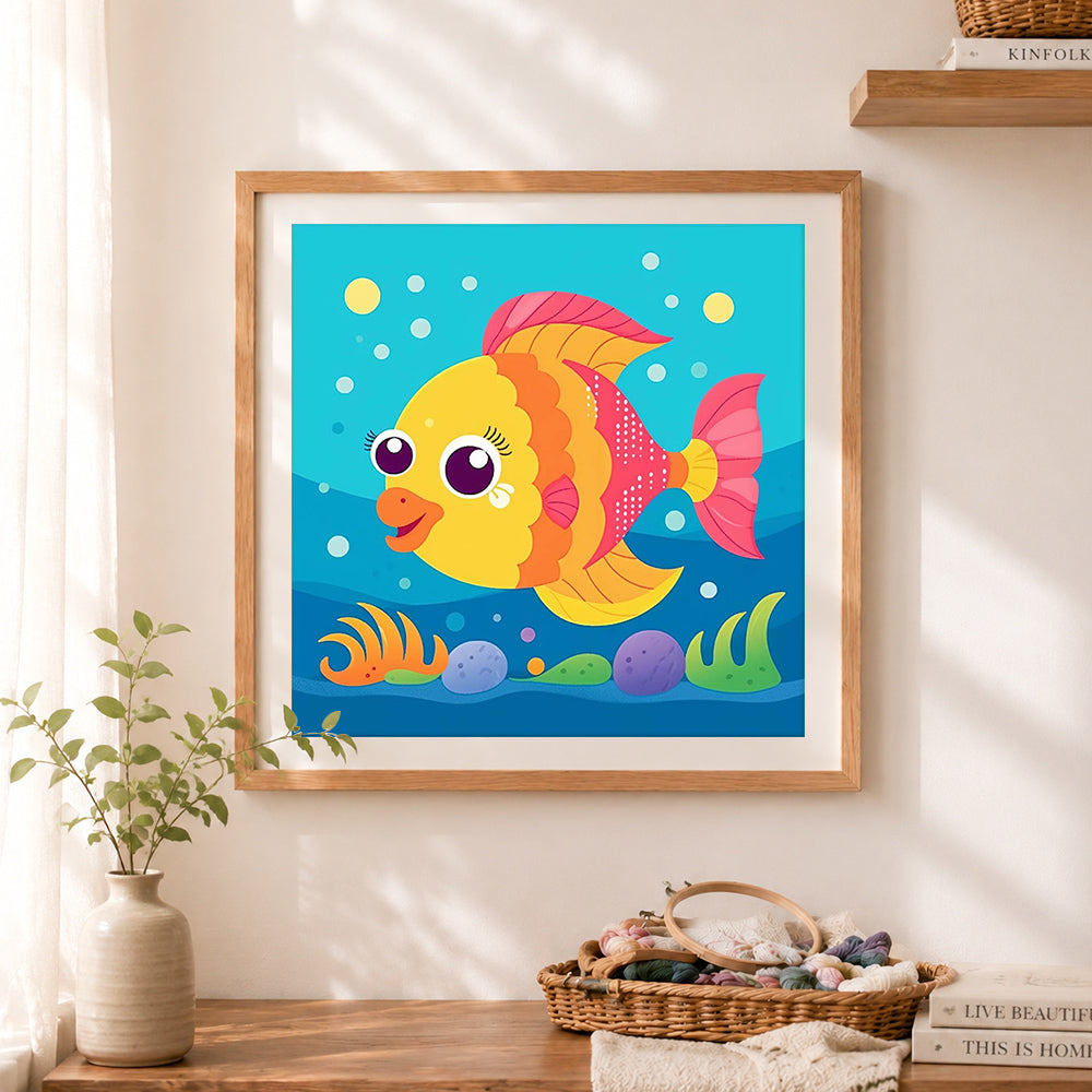 Finished bright tropical fish cross stitch artwork displayed as home decor