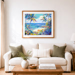 Finished bright tropical shoreline cross stitch artwork displayed as home decor