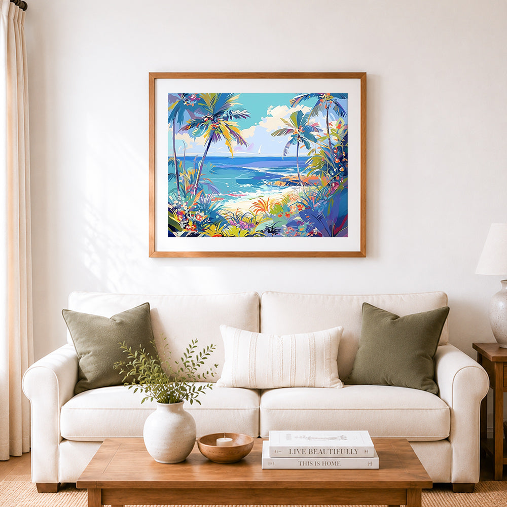 Finished bright tropical shoreline cross stitch artwork displayed as home decor