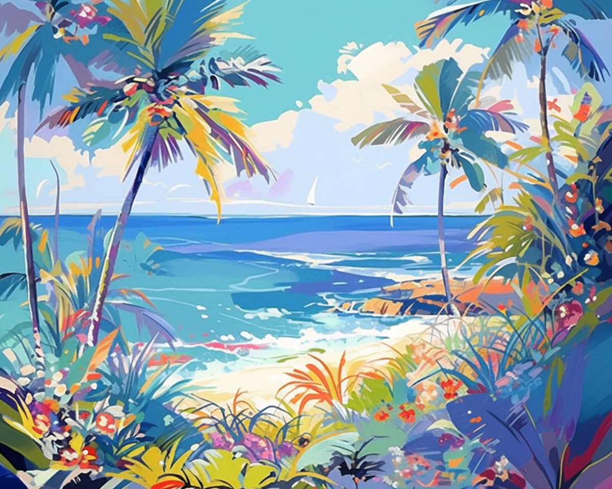 Bright tropical shoreline cross stitch kit for beginners