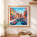 Finished bright venice canal boats cross stitch artwork displayed as home decor
