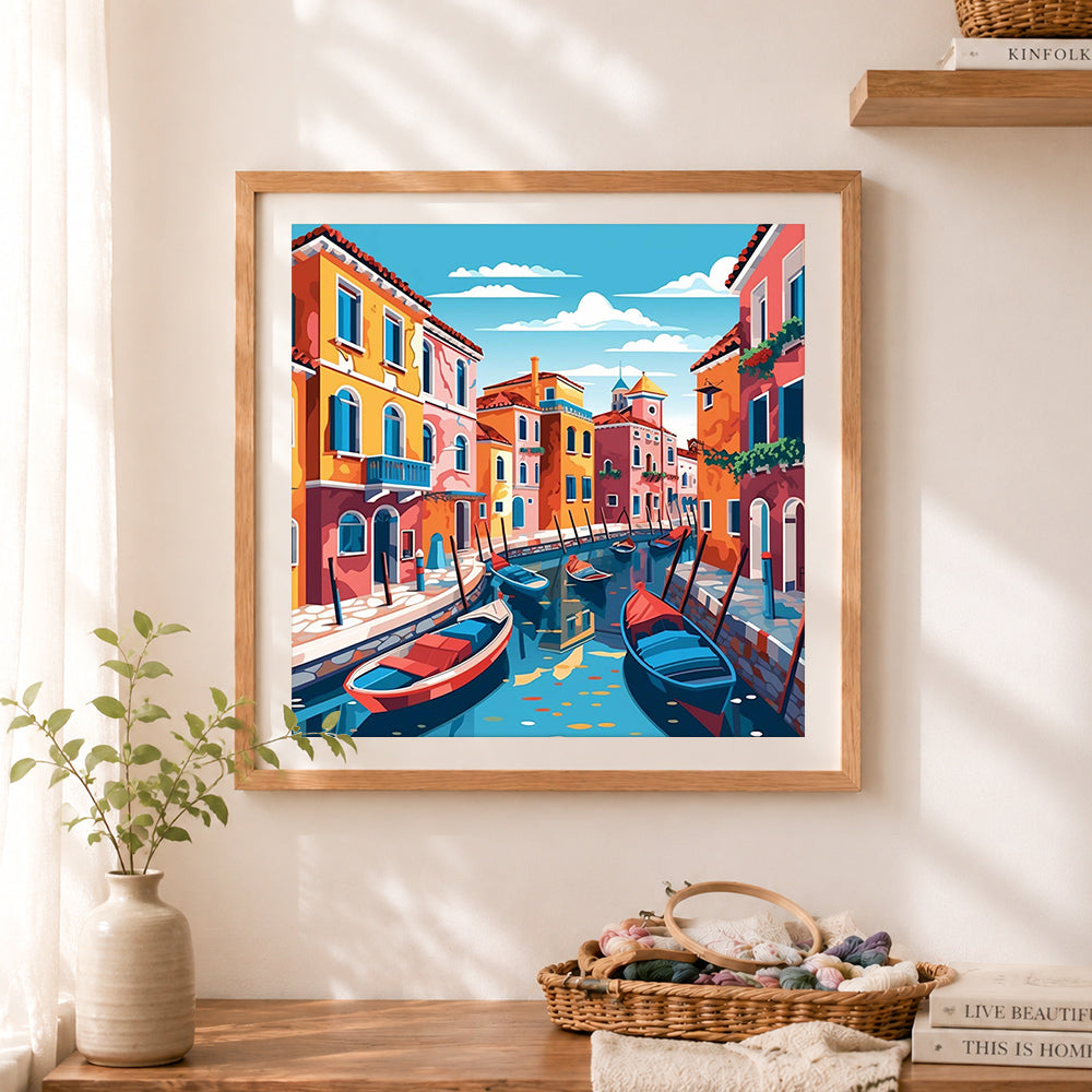 Finished bright venice canal boats cross stitch artwork displayed as home decor