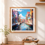 Finished bright venice waterway cross stitch artwork displayed as home decor