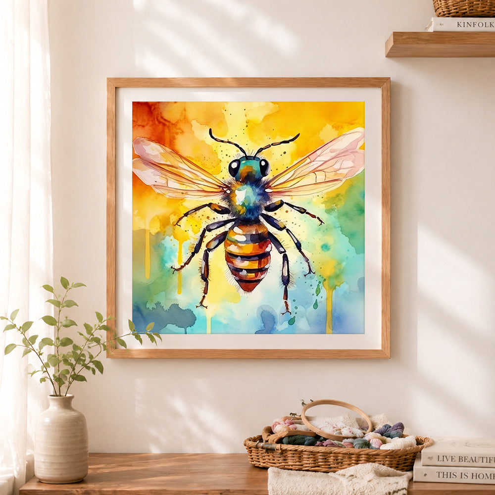 Finished bright watercolor bee cross stitch artwork displayed as home decor