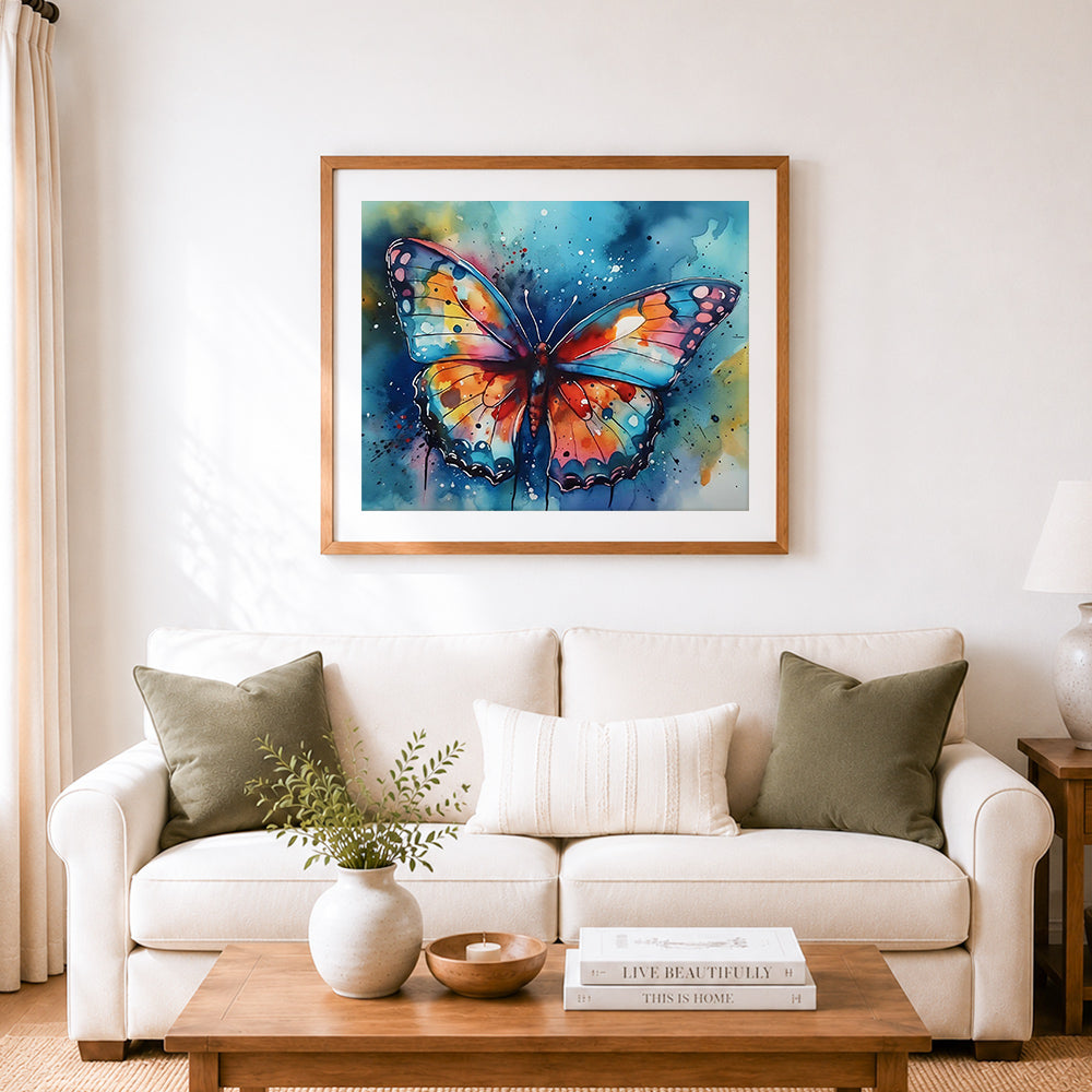 Finished bright watercolor butterfly wings cross stitch artwork displayed as home decor