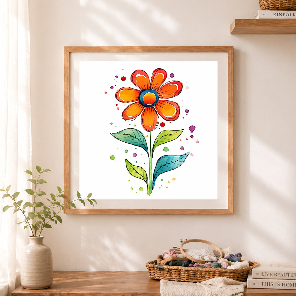 Finished bright watercolor floral sketch cross stitch artwork displayed as home decor