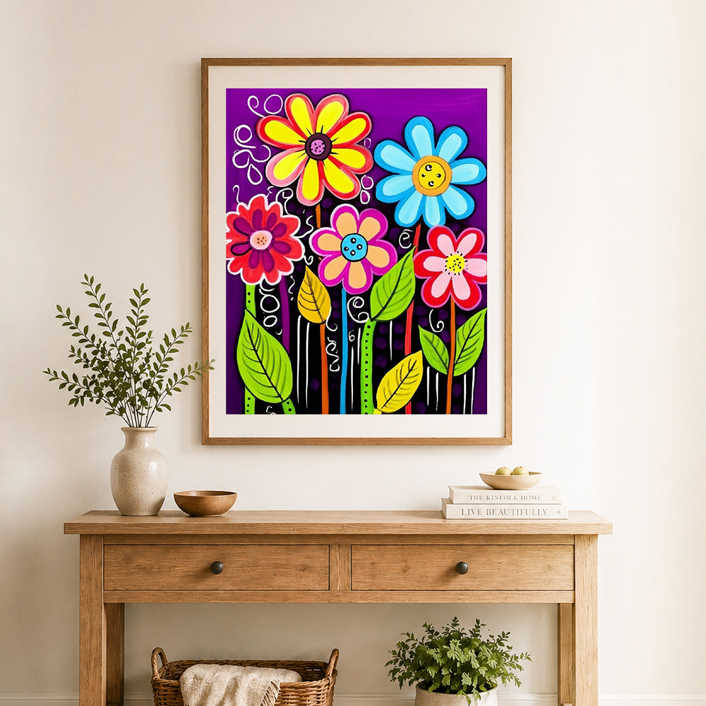 Finished bright whimsical blooms cross stitch artwork displayed as home decor