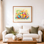 Finished bright whimsical easter egg art cross stitch artwork displayed as home decor
