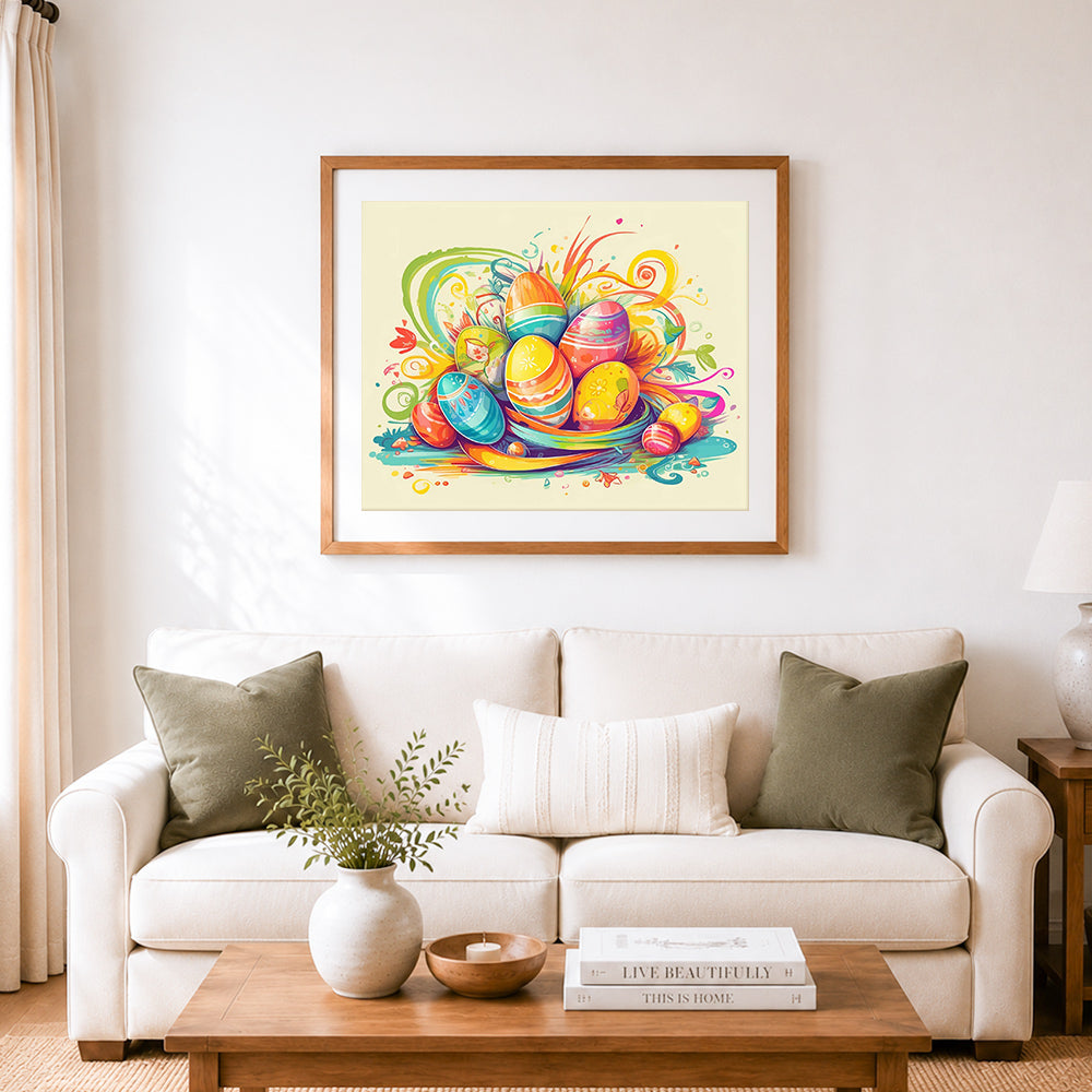 Finished bright whimsical easter egg art cross stitch artwork displayed as home decor