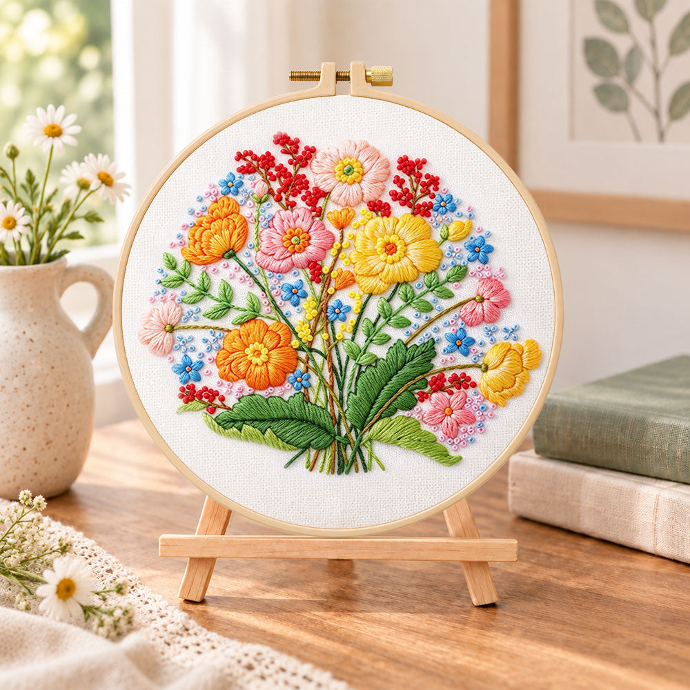 Bright wildflower cluster embroidery kit finished hoop displayed on a wooden stand as cozy tabletop decor