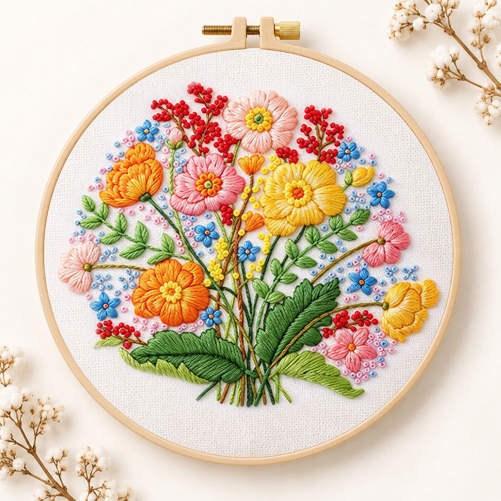 Bright wildflower cluster embroidery kit