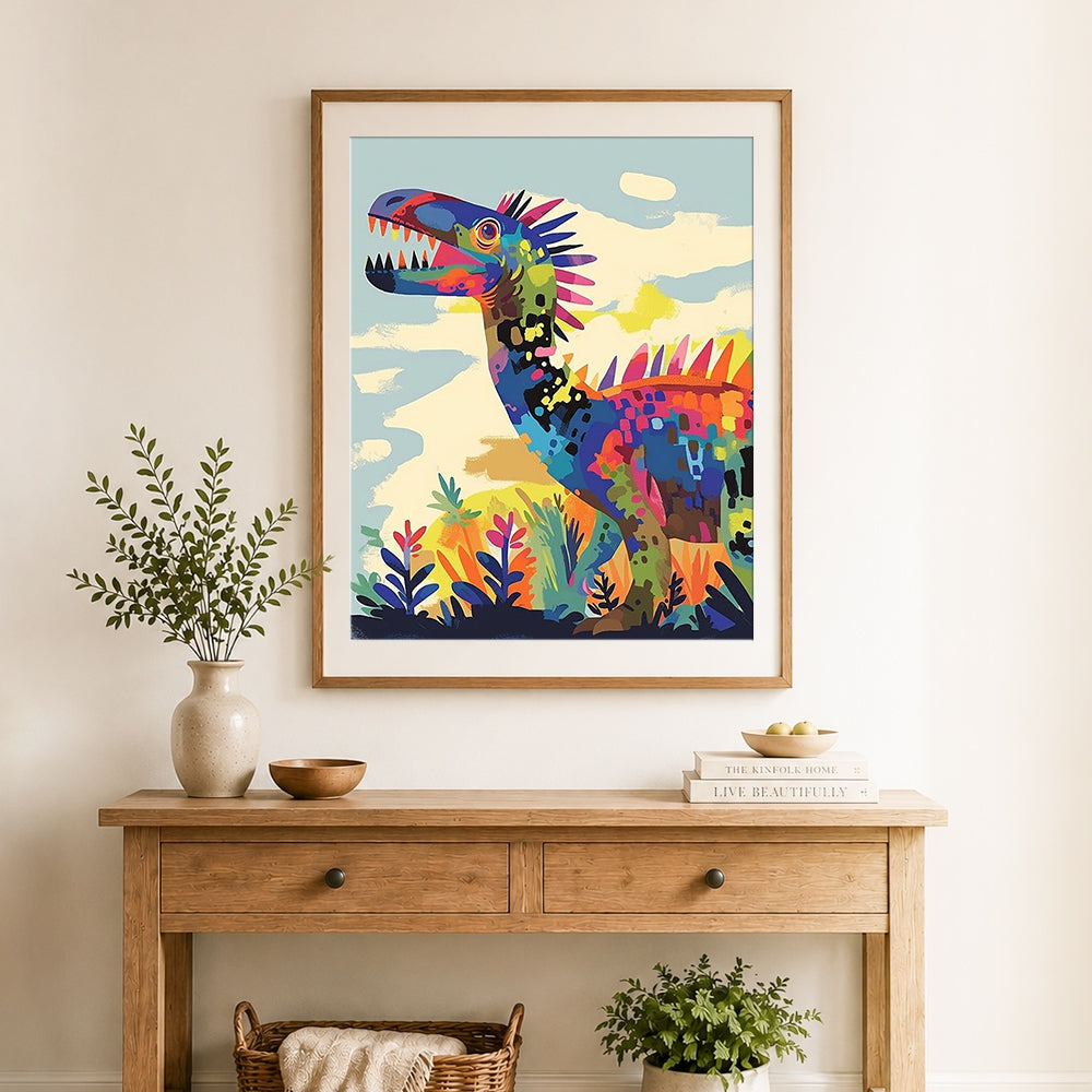 Finished brightly colored cartoon dinosaur cross stitch artwork displayed as home decor