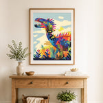 Finished brightly colored cartoon dinosaur cross stitch artwork displayed as home decor