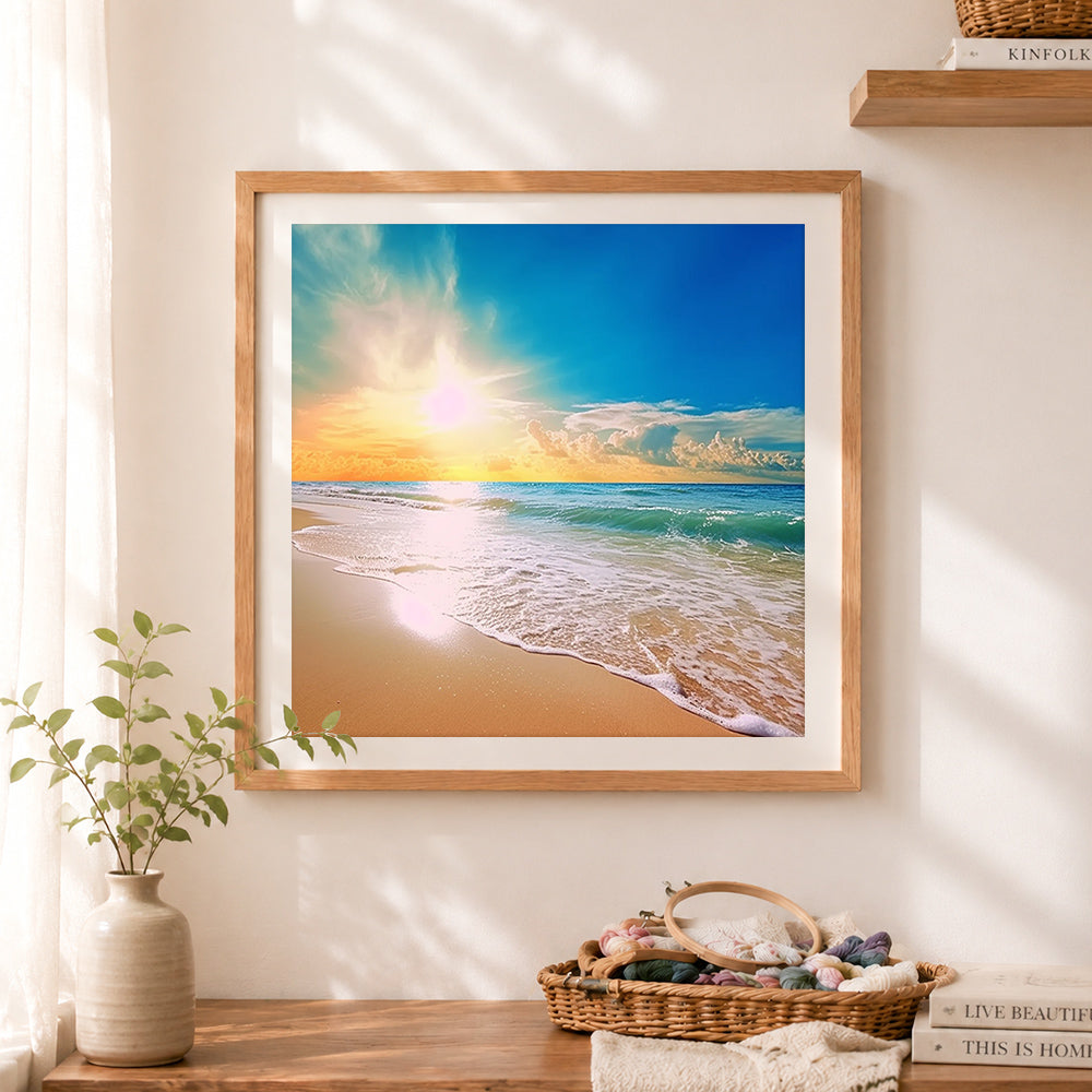 Finished brilliant golden sun over the beach cross stitch artwork displayed as home decor